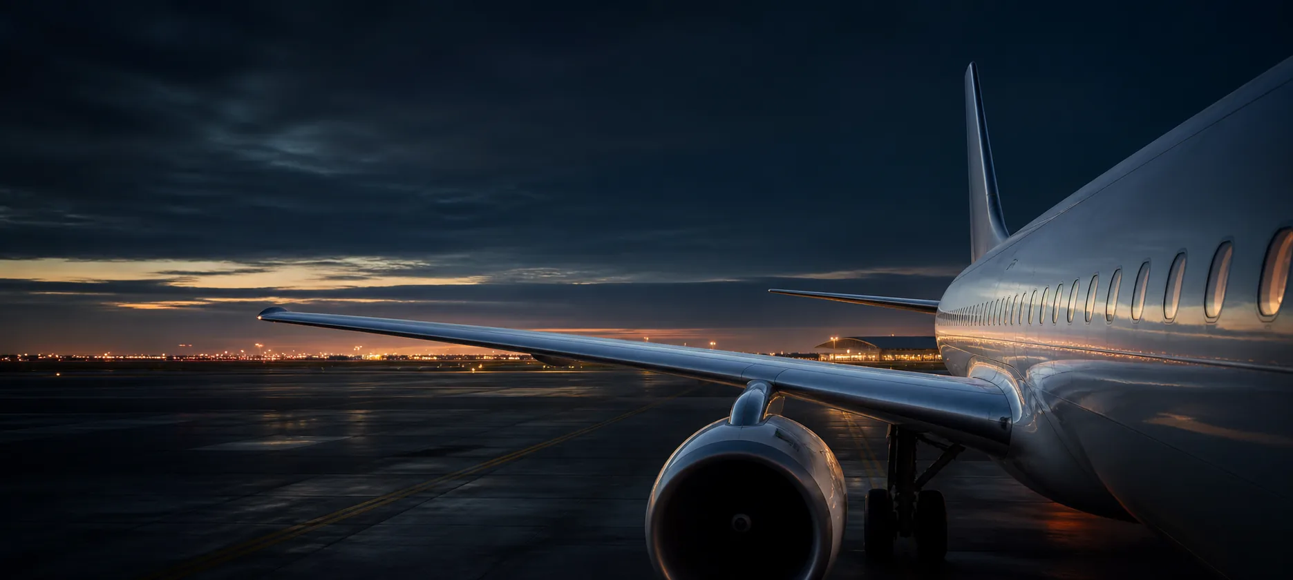 Passenger aircraft on the apron at dusk, shown as travel inspiration
